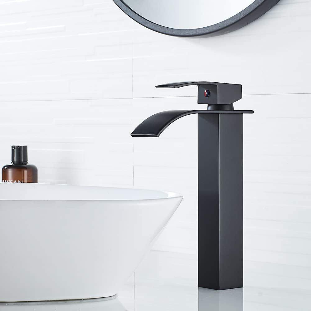 Waterfall Bathroom Faucet Single Handle，Bathroom Sink Faucet 1 Hole，Waterfall Faucet for Bathroom Sink，Vessel Sink Faucet Matte Black Tall Bathroom Faucet