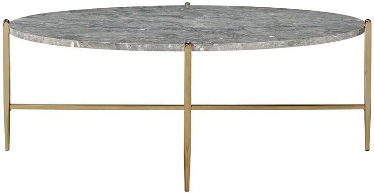 ACME Tainte Oval Faux Marble Top Coffee Table in Gray and Champagne