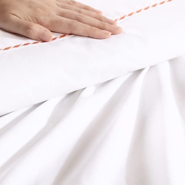 Queen White Cotton Percale Sheet Set with Orange Embroidery