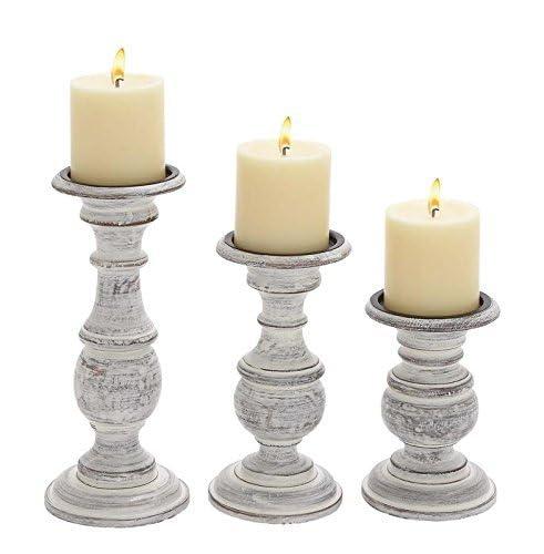 Set of 3 Rustic Pillar Candle Holder White - Olivia & May: Elegant Mango Wood, Sturdy Base, Indoor Use