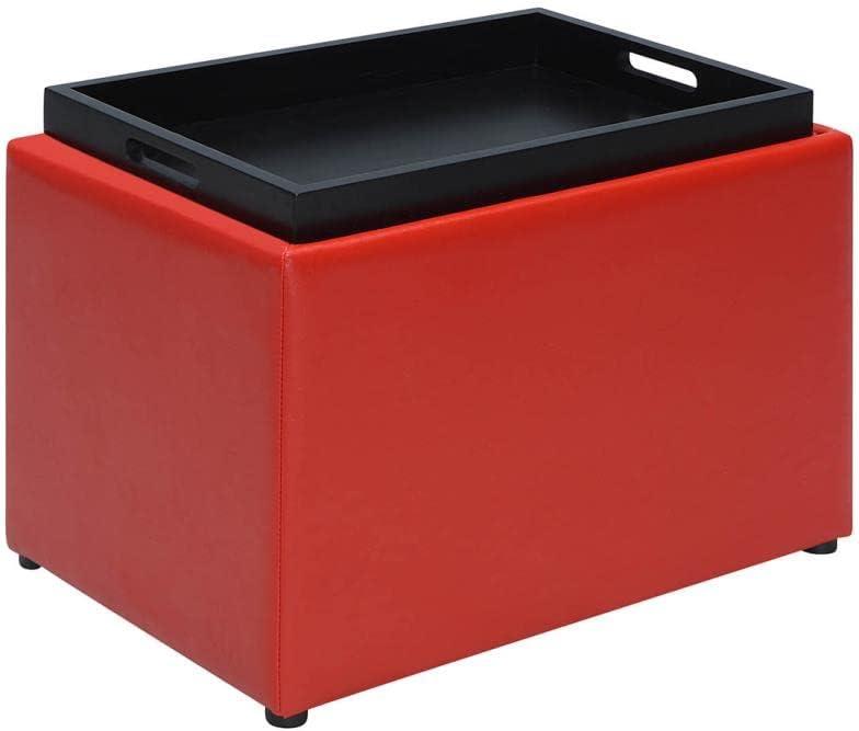 Versatile Bright Red Faux Leather Ottoman with Reversible Tray