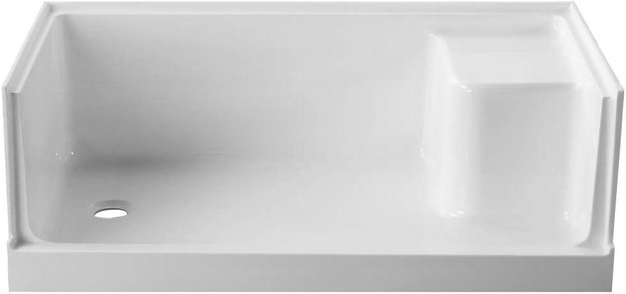 Kingston Brass Grenada 60-Inch x 32-Inch Anti-Skid Acrylic Shower Base with Integral Seat