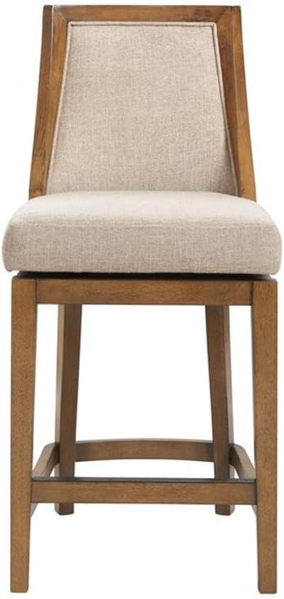 Alaterre Ellie Bar Height Stool, Back, Swivel Seat, Brown, Upholstered Padded Seat, Rubberwood Frame, Steel Memory Return Mechanism, Dimensions 19 in. W x 22 in. D x 46 in. H, Footrest, Metal Kick Plate
