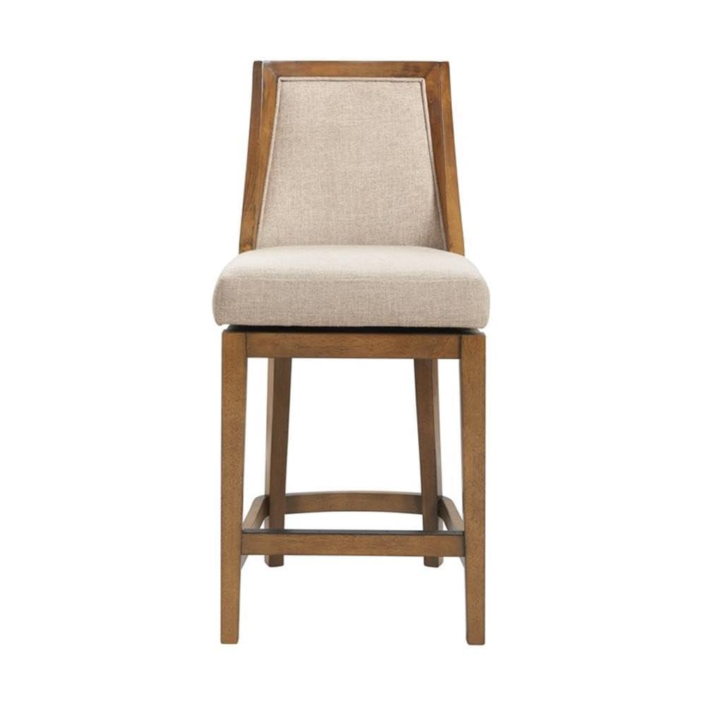 Alaterre Ellie Bar Height Stool, Back, Swivel Seat, Brown, Upholstered Padded Seat, Rubberwood Frame, Steel Memory Return Mechanism, Dimensions 19 in. W x 22 in. D x 46 in. H, Footrest, Metal Kick Plate