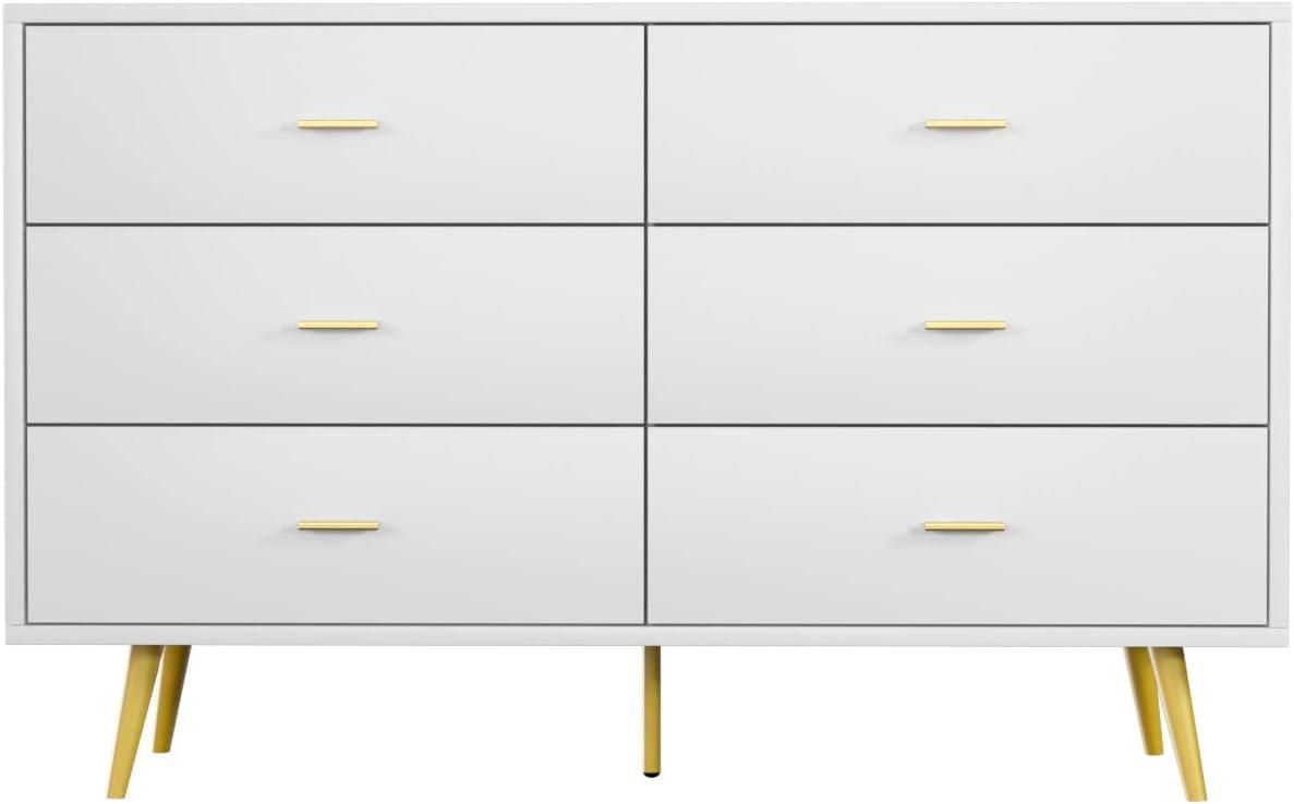 JOZZBY White Dresser, 6 Drawer Dresser for Bedroom with Wide Drawers and Metal Handles, Modern Wood Storage Chest of Drawers for Living Room Hallway Entryway