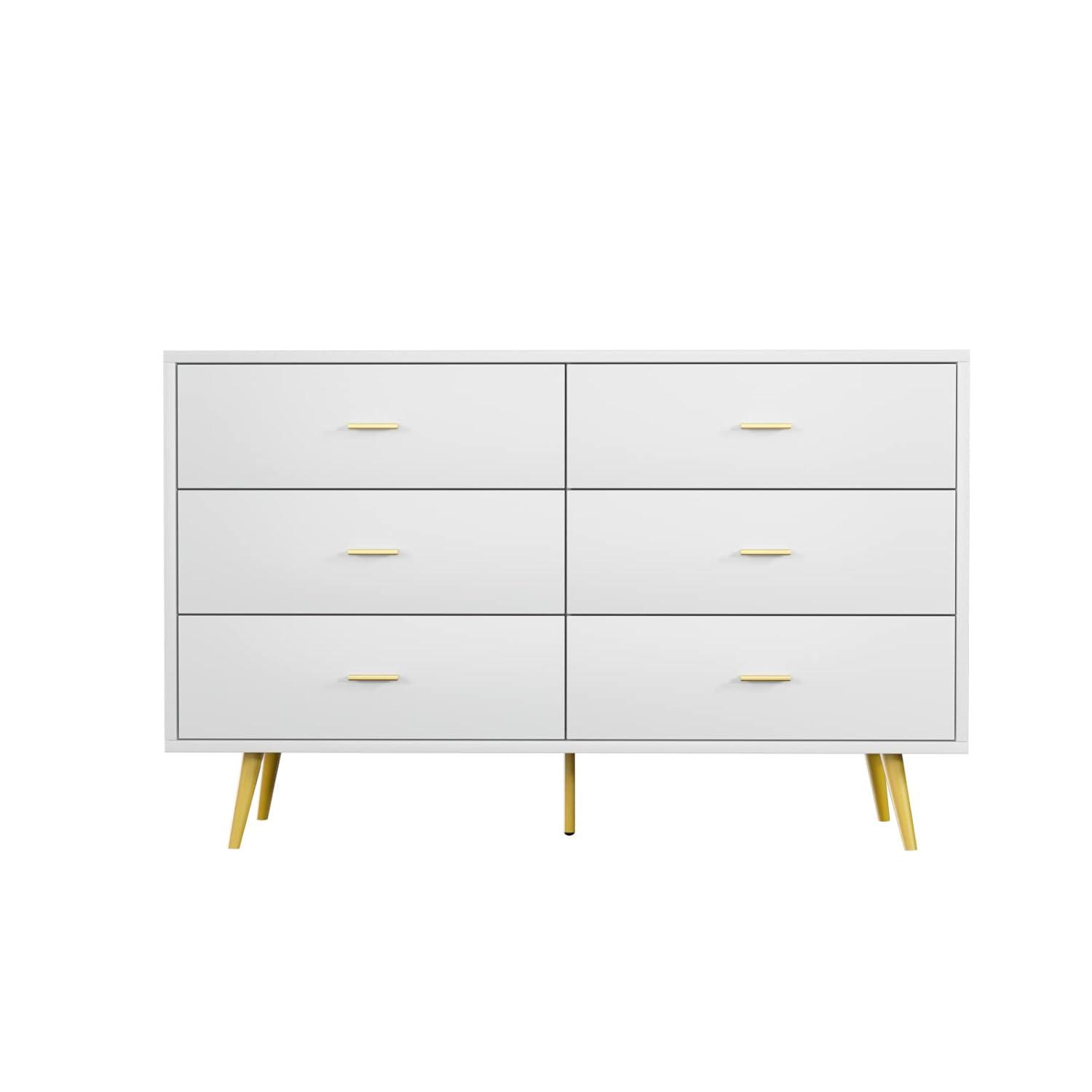 JOZZBY White Dresser, 6 Drawer Dresser for Bedroom with Wide Drawers and Metal Handles, Modern Wood Storage Chest of Drawers for Living Room Hallway Entryway