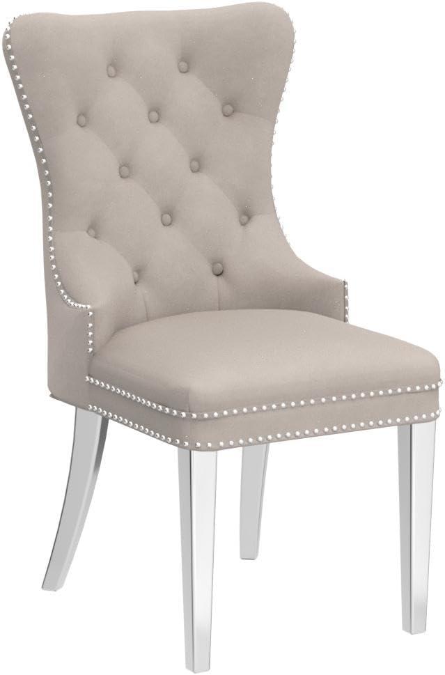 VICBARLEY Velvet Dining Chair Set of 2 Upholstered Tufted Dining Room Chair with Nailhead Trim and Stainless Steel Silver Plated Legs for Kitchen, Restaurant, Beige