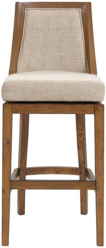 Alaterre Ellie Bar Height Stool, Back, Swivel Seat, Brown, Upholstered Padded Seat, Rubberwood Frame, Steel Memory Return Mechanism, Dimensions 19 in. W x 22 in. D x 46 in. H, Footrest, Metal Kick Plate