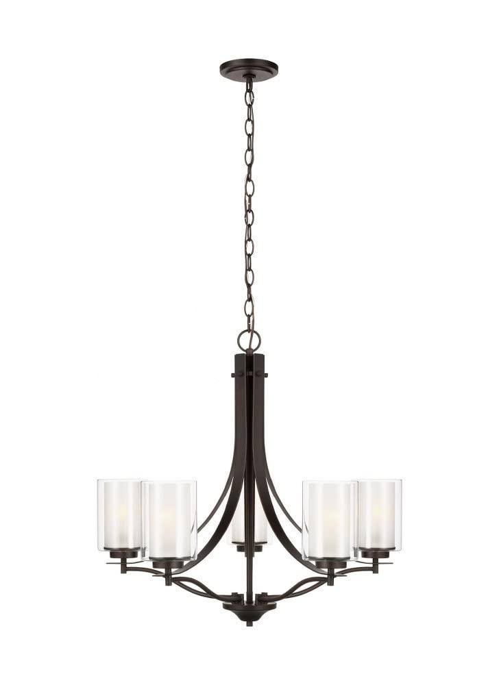 Elmwood Park 5-Light Bronze Modern Transitional Hanging Candlestick Chandelier with Satin Etched Glass Shades