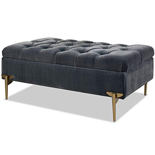 Estelle Steel Gray Velvet Upholstered Storage Bench with Gold Legs