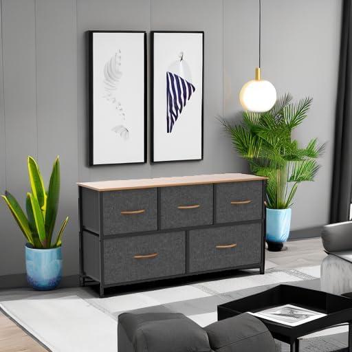 Cool Gray Fabric and Metal Nursery Dresser with Wooden Top