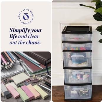 GHF Plastic 5 Clear Drawer Medium Home Organization Storage Container Tower with 3 Large Drawers and 2 Small Drawers, Black Frame