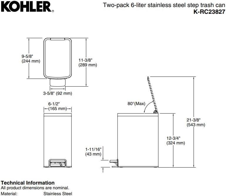 6L Silver Stainless Steel Pedal Trash Bin Set