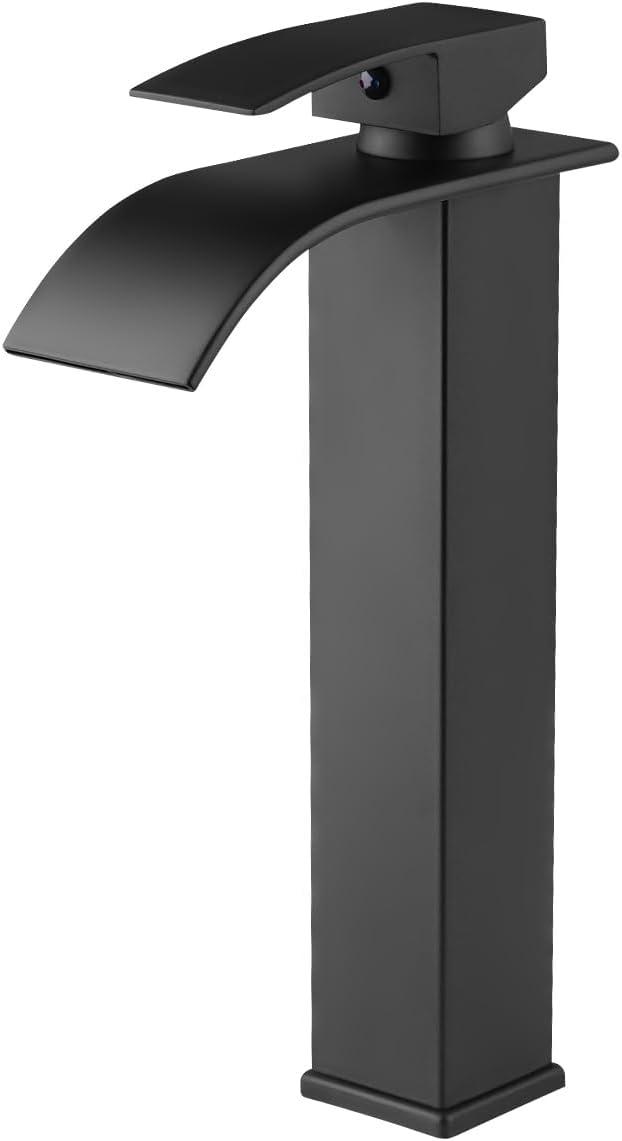 Waterfall Bathroom Faucet Single Handle，Bathroom Sink Faucet 1 Hole，Waterfall Faucet for Bathroom Sink，Vessel Sink Faucet Matte Black Tall Bathroom Faucet
