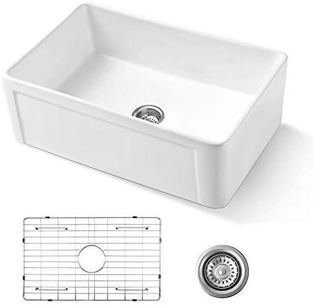 ALWEN Fireclay Ceramic Reversible Apron Kitchen Farmhouse Sink with Stainless Steel Grid and Strainer, Single Bowl, 30 x 20 Inch, Undermount, White