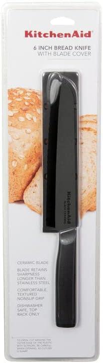 Kitchenaid Classic Ceramic Serrated Bread Knife with Endcap and Blade Cover, 6-inch, Black