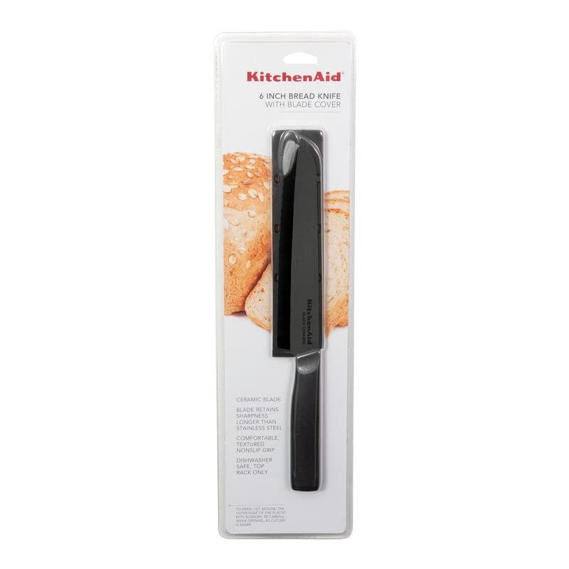Kitchenaid Classic Ceramic Serrated Bread Knife with Endcap and Blade Cover, 6-inch, Black