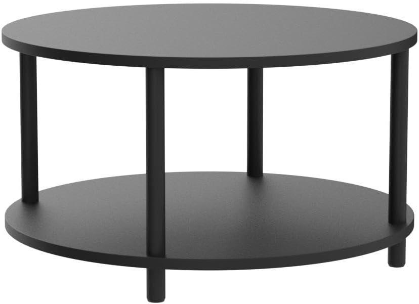 Round Coffee Table for Living Room, 31.5’’ 2 Tier Black Wooden Coffee Table with Open Storage Shelf for Office/Reception Room,Sturdy Metal Legs, Easy to Assemble