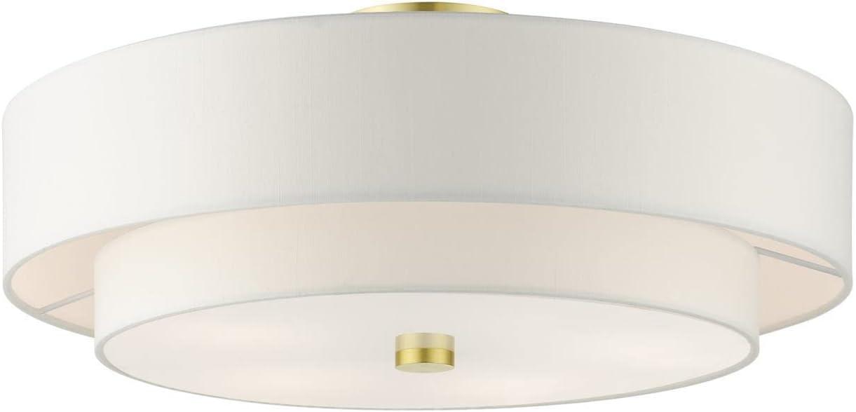 Satin Brass Meridian 5-Light Semi Flush Drum Ceiling Light with Off-White Shade