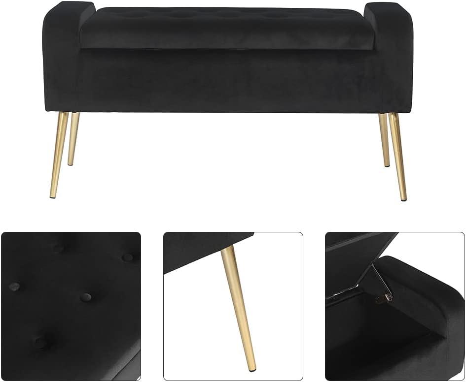 Large Black Velvet Tufted Ottoman with Gold Metal Legs