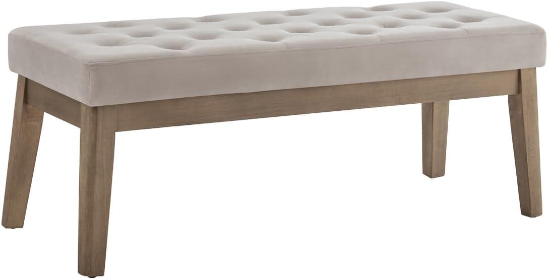 Taupe Velvet Upholstered Tufted Bench with Solid Wood Legs