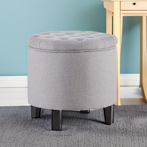 Belleze Nailhead Round Tufted Storage Ottoman Large Footrest Stool Lift Top, Gray