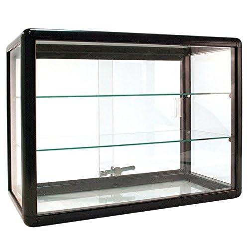 Only Garment Racks Elegant Black Aluminum Display Table Top Tempered Glass Show Case. Sliding Glass Doors with Lock