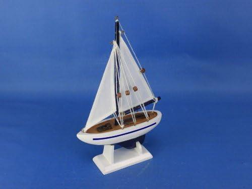 Blue and White Wooden Nautical Sailboat Figurine, 9"