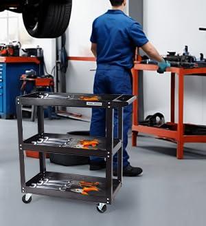 3-Tier Utility Cart,3 Shelves Rolling Carts with Brake Wheels,450lbs Load Capacity,Heavy Duty Mechanic Storage Cart Utility Cart for Garage Warehouse Workshop (Red)