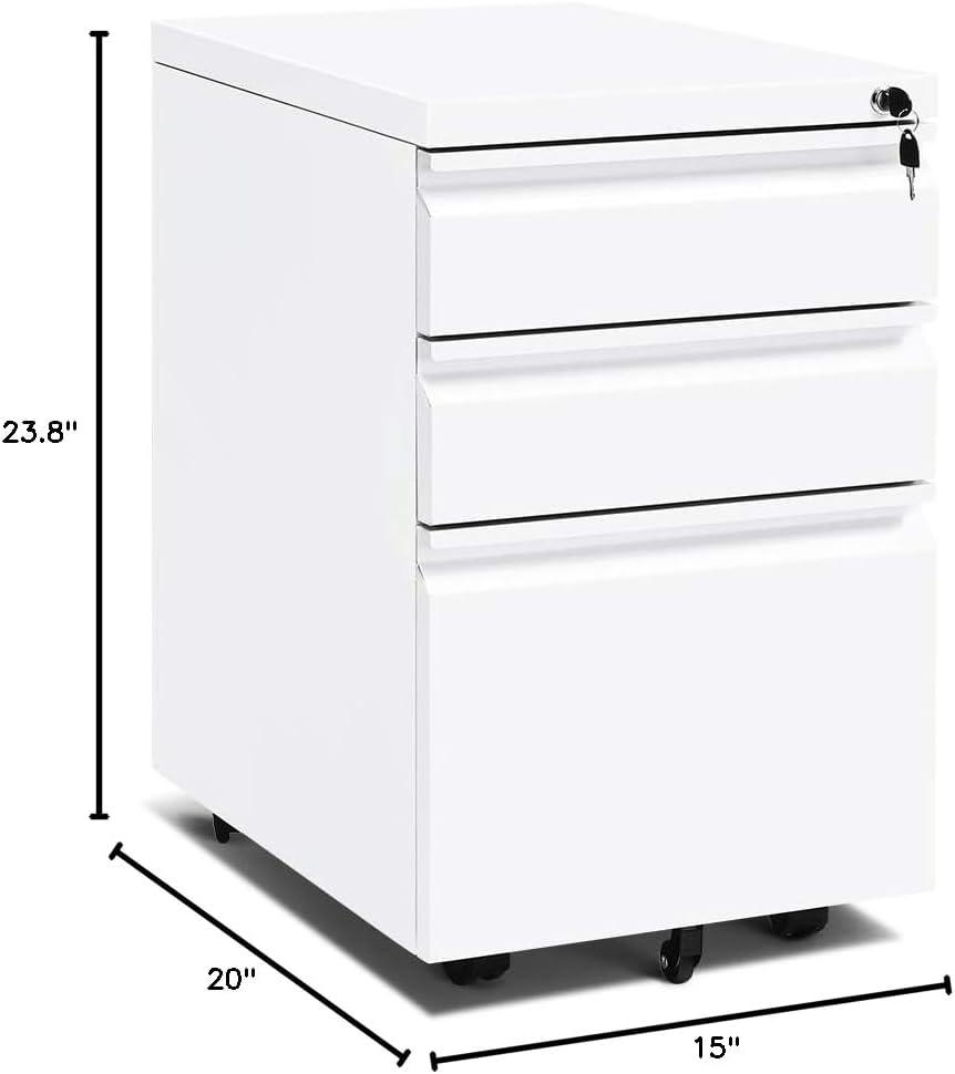 3 Drawer Mobile File Cabinet, Metal Filing Cabinets with Lock Wheels Under Desk, Lockable Rolling File Cabinet for Home Office, Fit Letter/Legal/A4 Size (White)