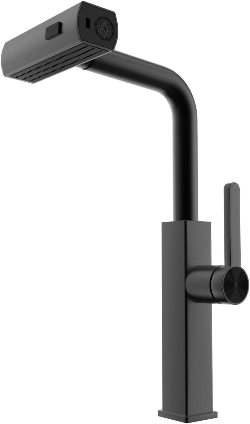 Waterfall Kitchen Faucet,Matte Black Kitchen Faucet with Pull Down Sprayer,Faucets for Kitchen Sink,Single Handle Kitchen Faucet Stainless Steel,Pull Out Sprayer Kitchen Faucets