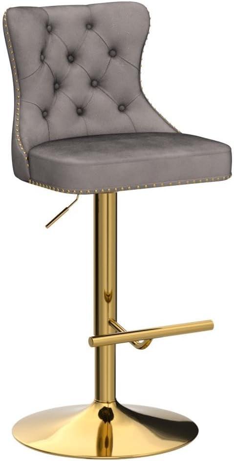 Sesslife Swivel Bar Stools Set of 2, Upholstered Thickened Velvet Fabric High Barstool with Nail Trim, Adjustable Seat Height, Counter Height Bar Chairs with Back & Footrest for Kitchen Island, Gray