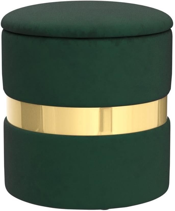 Green Velvet Round Storage Ottoman Set with Gold Accent