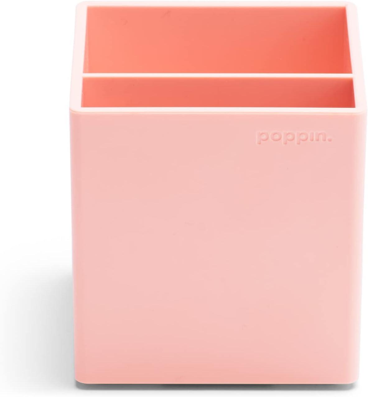 Poppin Pen Holder with 2 Compartments - Sturdy Plastic Pen Holder for Desk, Lacquer-like Finish, Writing Instrument Desk Organizer, Coordinating Office Desk Accessories (Blush Pink)