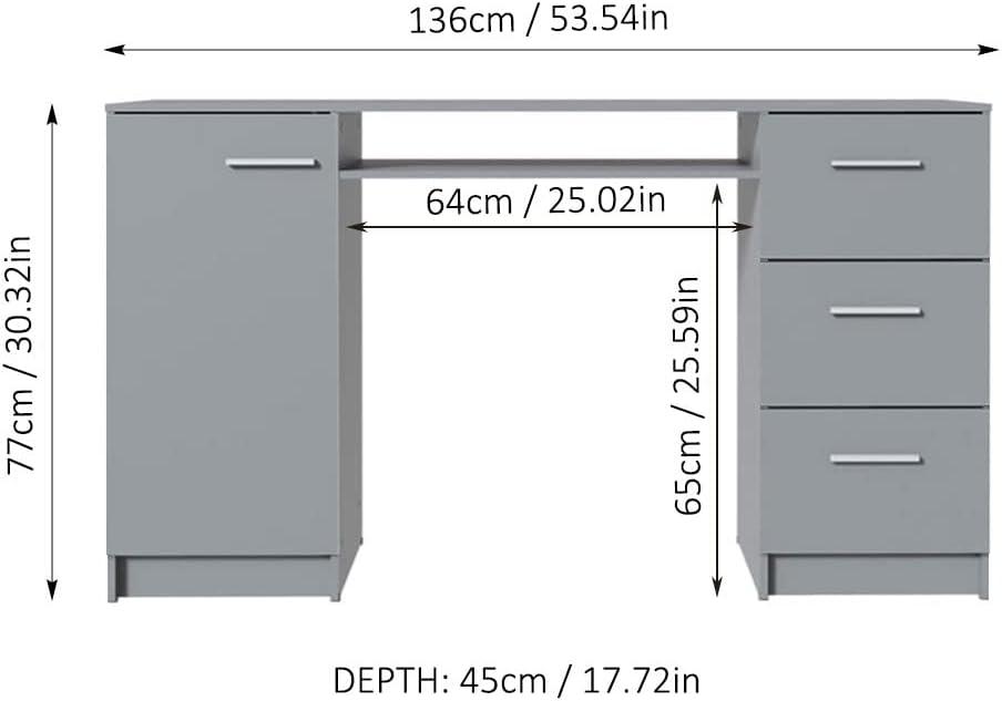 Madesa Modern Office Desk with Drawers 53 inch, Study Desk for Home Office, PC Table with 3 Drawers, 1 Door and 1 Storage Shelf (Grey)