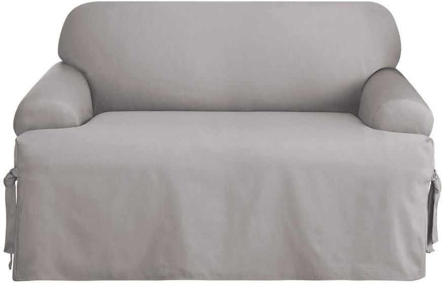 Duck T Cushion Loveseat Slipcover Gray - Sure Fit: Cotton, Indoor Stretch Fit Furniture Protector