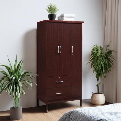 Hodedah 3 Door Bedroom Armoire with Drawers, Mahogany