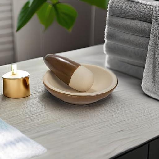 Small Brown and Cream Ceramic Mortar and Pestle