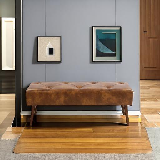 44-Inch Brown Tufted Leather Bench with Tapered Wood Legs