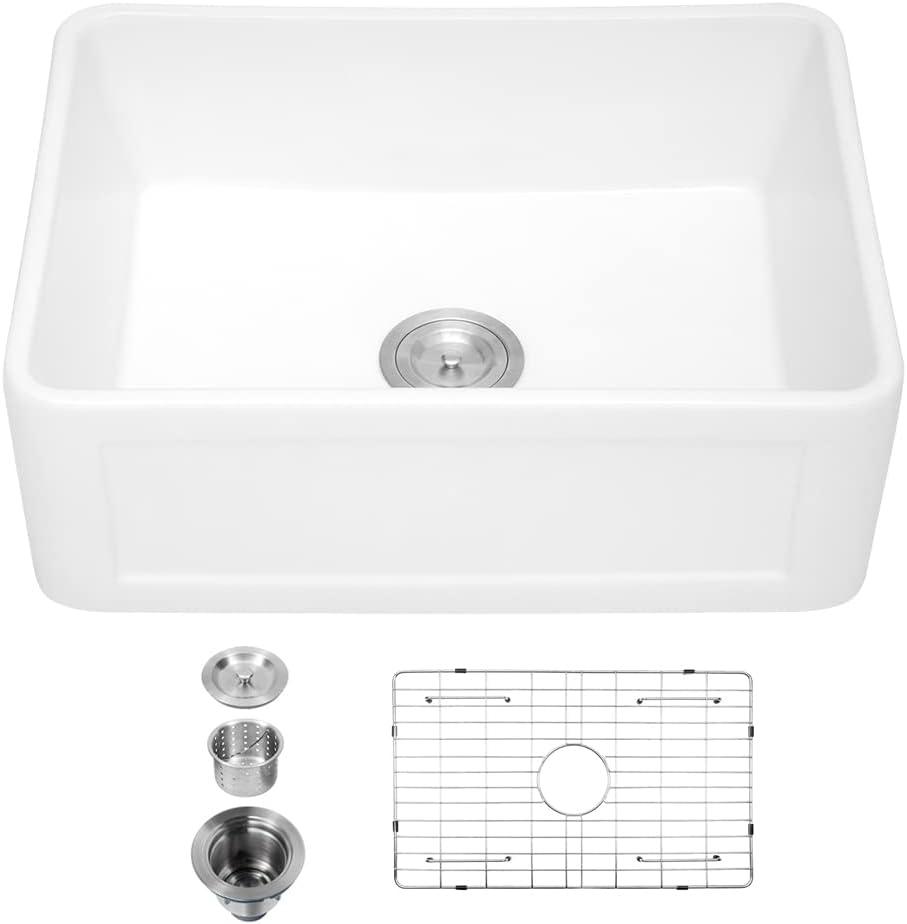 24-Inch Glossy White Fireclay Farmhouse Kitchen Sink with Accessories