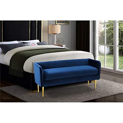 Audrey Navy Velvet Upholstered Bench with Gold Metal Legs, 52" W