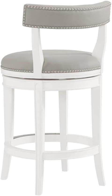 Hanover Swivel Counter Height Bar Stool, 26-Inch Seat Height, White and Gray, Solid Rubberwood Frame with Faux Leather Upholstery, Nailhead Trim, Memory Return Swivel Mechanism