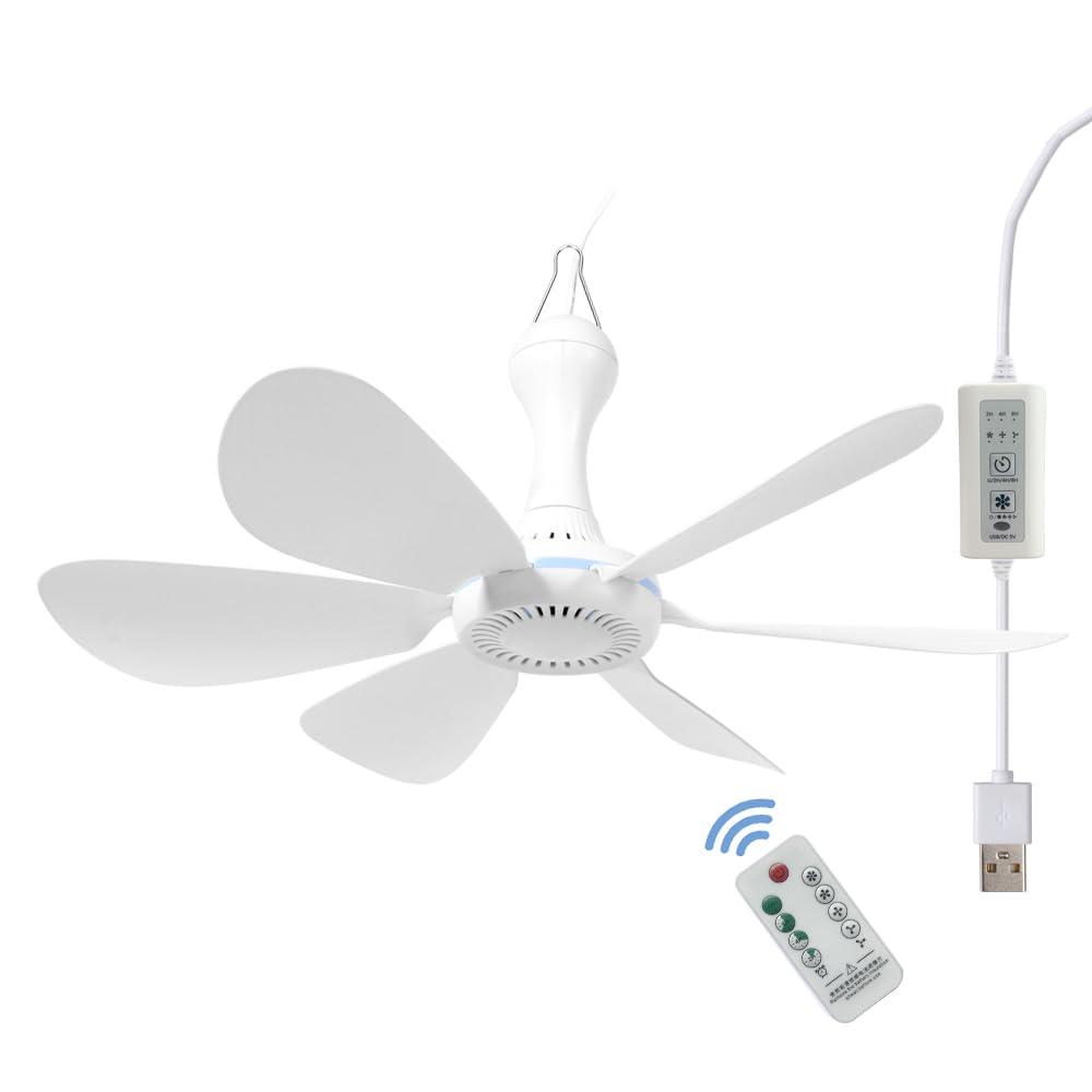 USB Mini Small Ceiling Fan quiet Camping RV Fans Emergency Portable Outdoor Hanging Gazebo Canopy Dorm Fans Silent For Tent,Hiking,Outages Home Room with Remote Battery operated,Power Bank powered