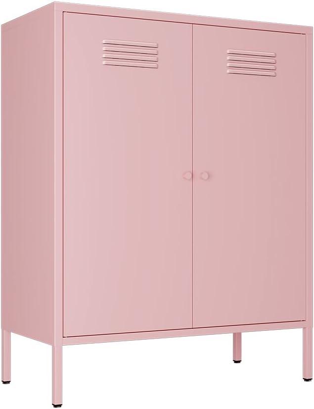 Pink Metal Freestanding Storage Cabinet with Adjustable Shelves