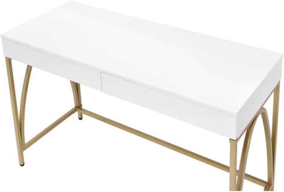 Light Mane Desk White High Gloss/Gold - Acme Furniture: 31" H, 2 Drawers, Metal Frame, 47" W