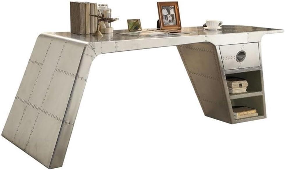 Brancaster 71'' Silver Aviation-Inspired Desk with Drawer and Shelves