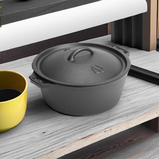 shuoli Pre-Seasoned Cast Iron Dutch Oven Pot With Lid, For Braising, Broiling, Frying, Sourdough Bread Baking, Camping Cookware, BBQ,3 Quart Pan