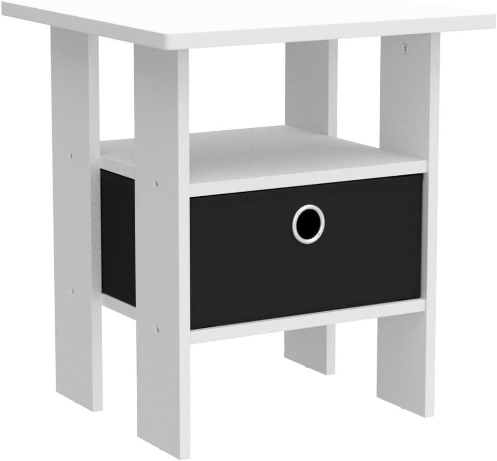 Furinno Andrey End Table Nightstand with Bin Drawer, White/Black, Set of 2