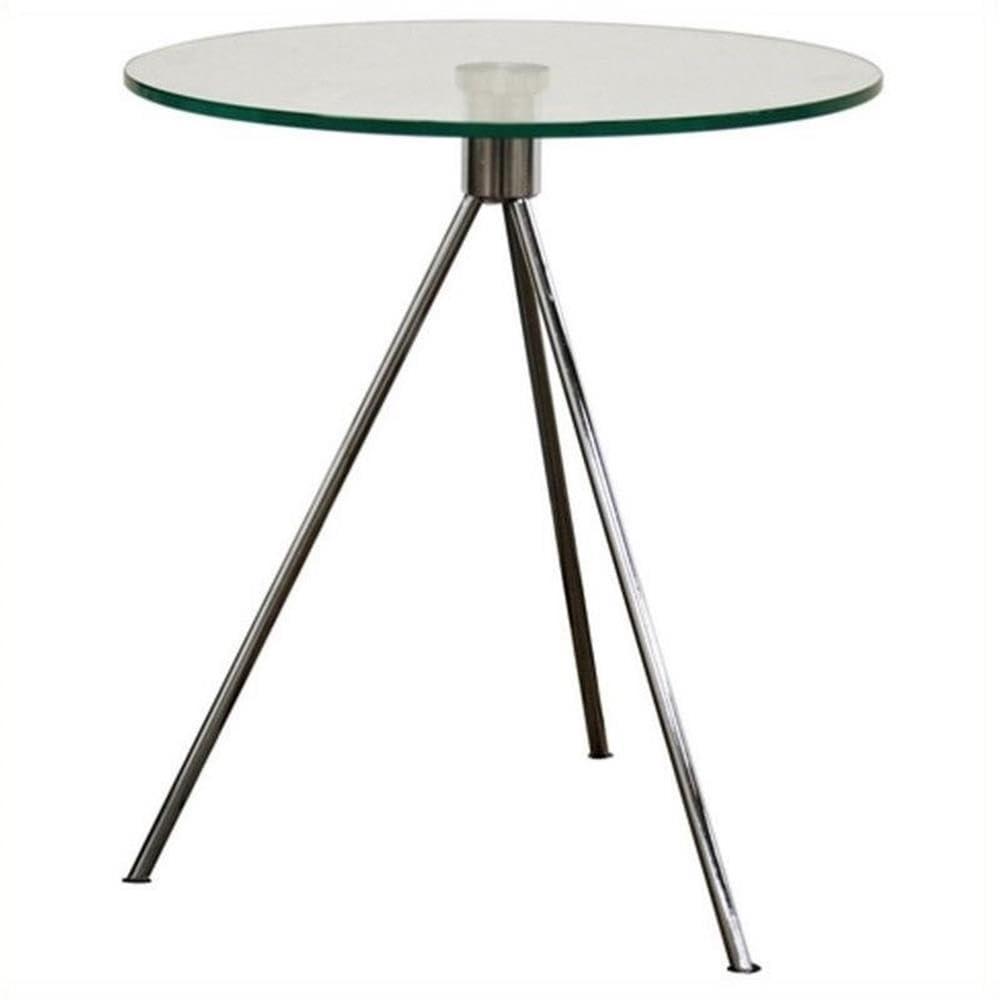 Triplet Round Glass Top End Table with Tripod Base - Baxton Studio: Brushed Steel, Modern Bedside Accent Table