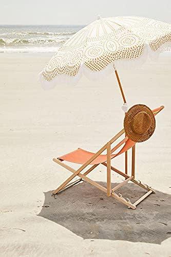 Beige Boho-Chic Aluminum Beach Umbrella with Fringe